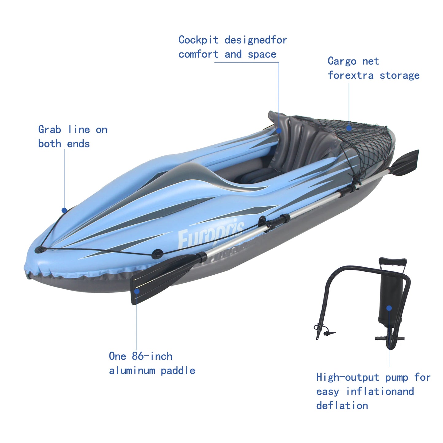 Inflatable Kayak Fishing Boat 1 Person Adult Blue Canoe, with Paddles, Bag, Seats, High-Output Pump, Fin, for Lakes & Rivers
