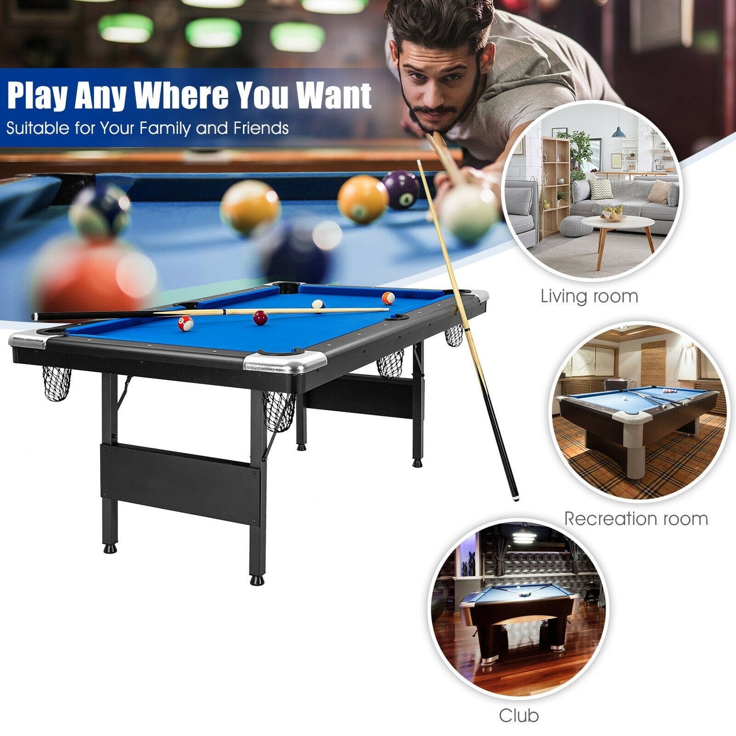 6 Feet Foldable Pool Table with Complete Set of Balls
