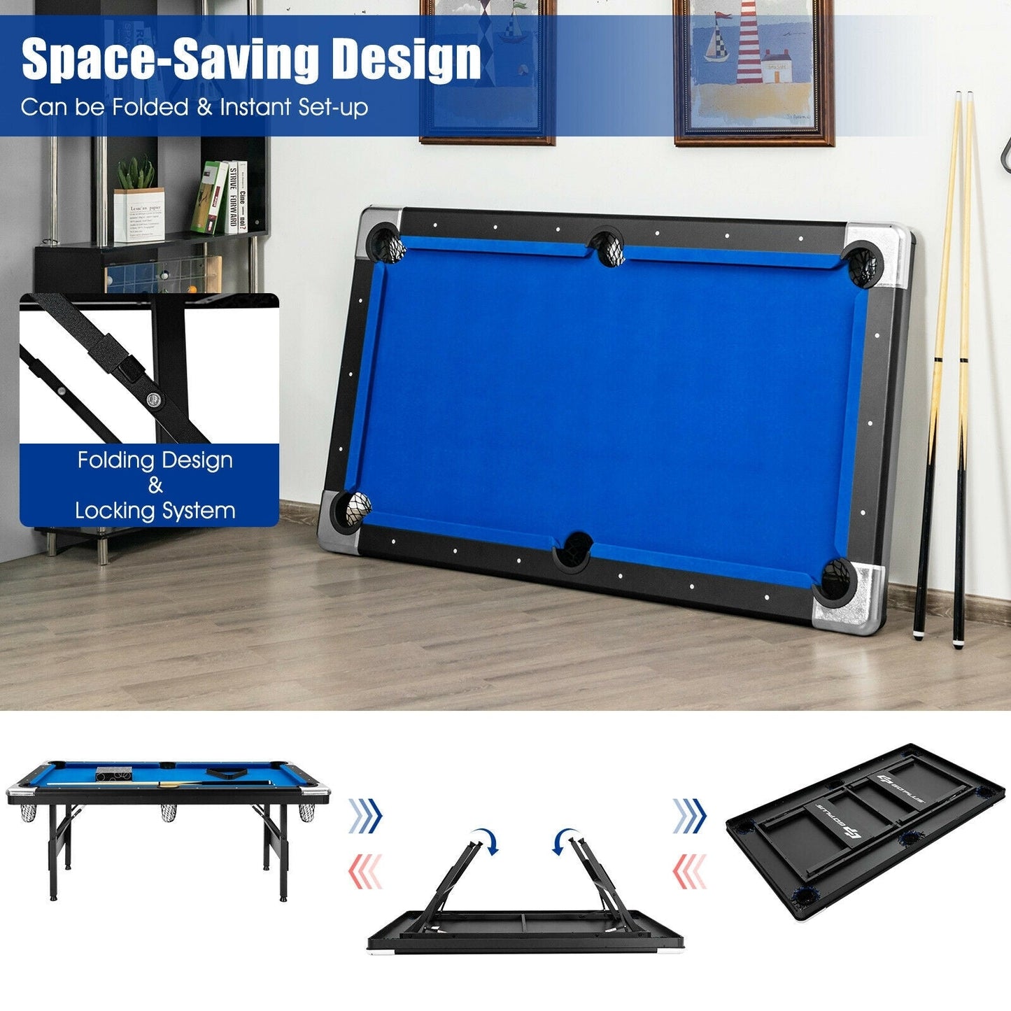 6 Feet Foldable Pool Table with Complete Set of Balls