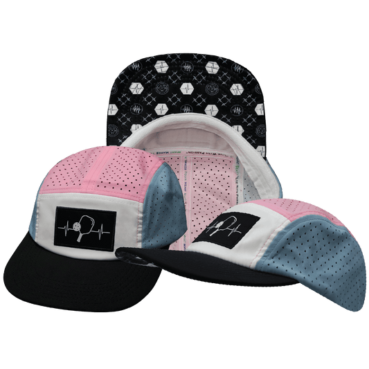 Pickleball Hat - 5 Panel - Black / White / Pink / Light Blue - Laser Mesh