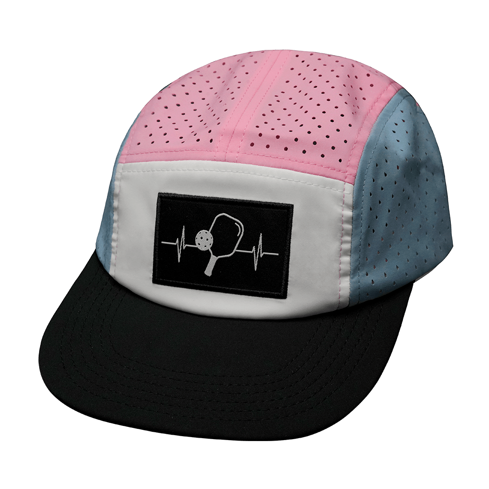 Pickleball Hat - 5 Panel - Black / White / Pink / Light Blue - Laser Mesh