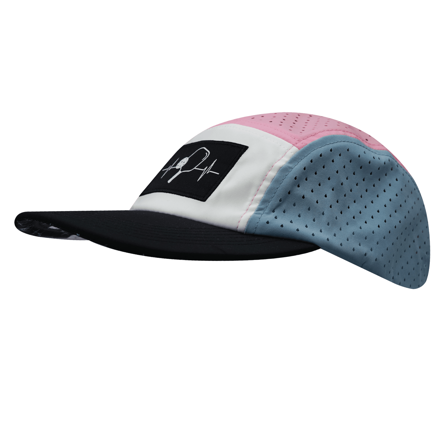 Pickleball Hat - 5 Panel - Black / White / Pink / Light Blue - Laser Mesh