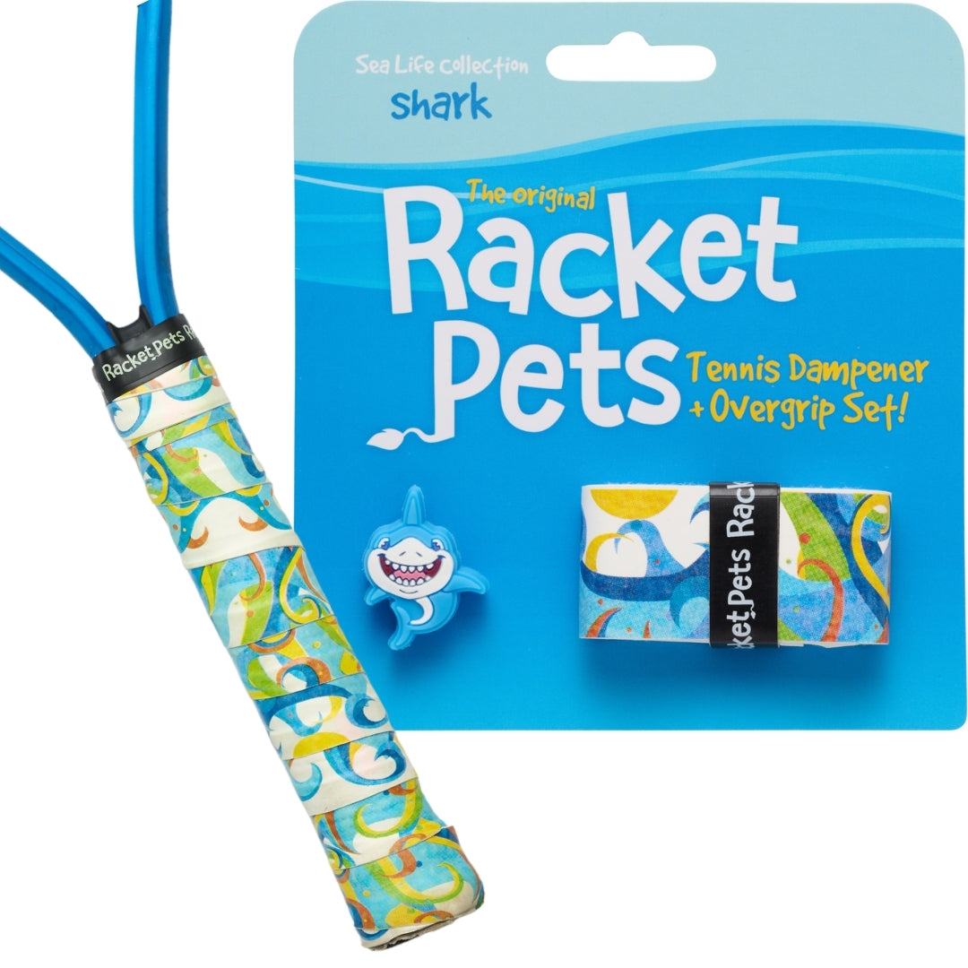 Shark Tennis Overgrip Tape and Matching Shock Absorbing Dampener for Tennis Racket