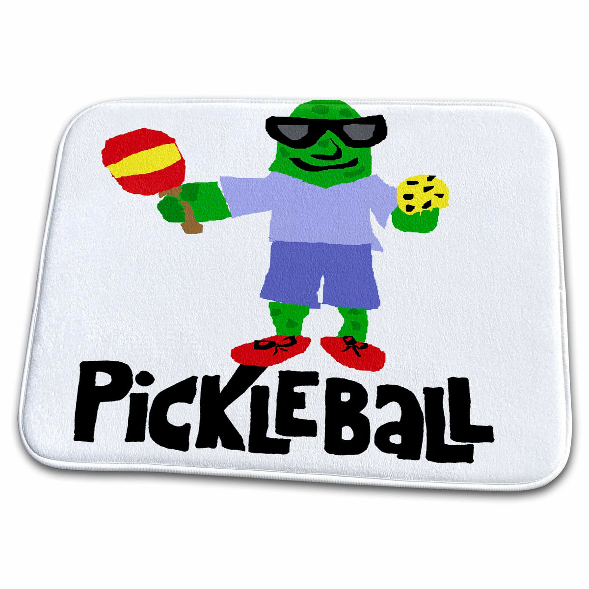 Dish Drying Mat - Funny Green Pickle Holding Pickleball Paddle and Ball Sports and Hobbies