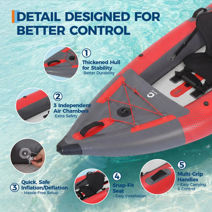 Inflatable 1/2-Person Fishing Kayak for Adults – Durable PVC Collapsible & Portable - with Padded Seats/Removable Fins/Hand Pump/Carry Bag & Repair Kit for Lake River Recreation Touring