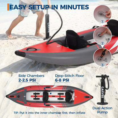 Inflatable 1/2-Person Fishing Kayak for Adults – Durable PVC Collapsible & Portable - with Padded Seats/Removable Fins/Hand Pump/Carry Bag & Repair Kit for Lake River Recreation Touring
