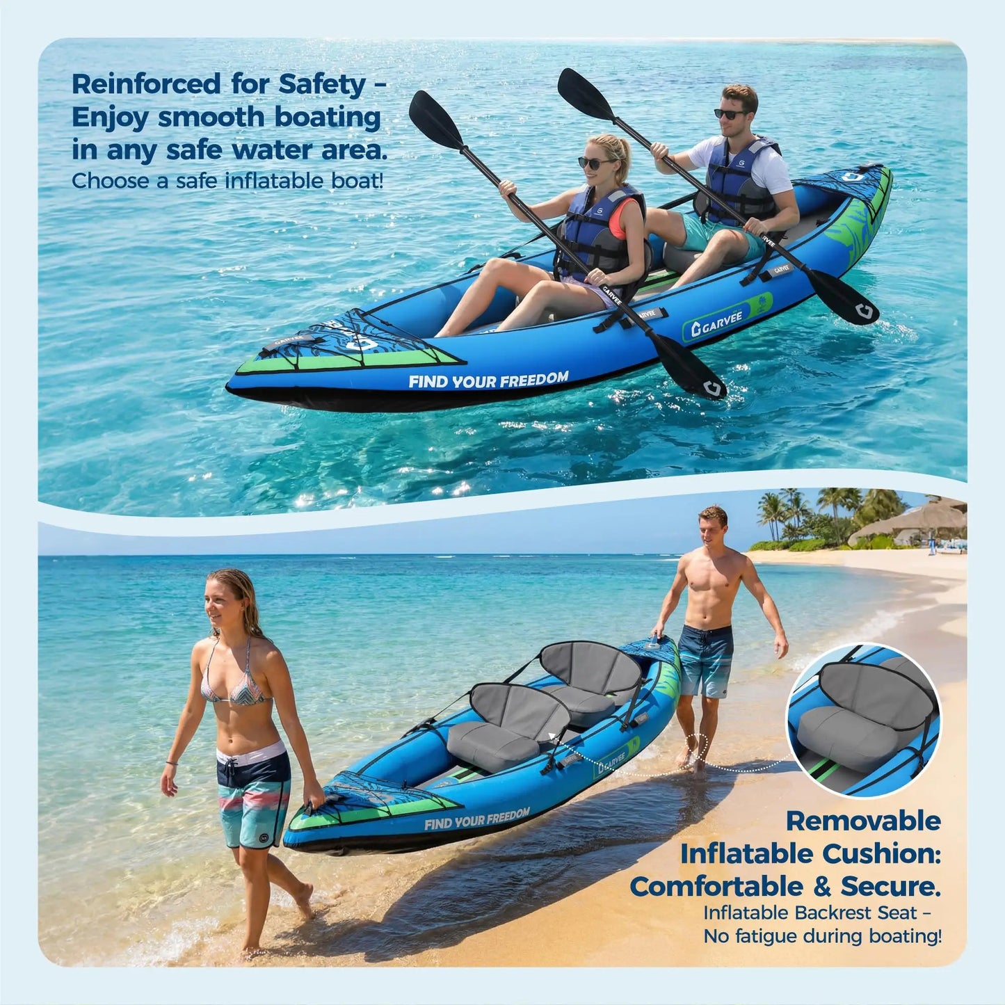 Inflatable 1/2-Person Fishing Kayak for Adults – Durable PVC Collapsible & Portable - with Padded Seats/Removable Fins/Hand Pump/Carry Bag & Repair Kit for Lake River Recreation Touring