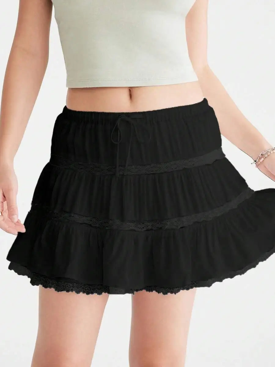 Women Lace Trim Pleated Ruffle Flowy Club Skort