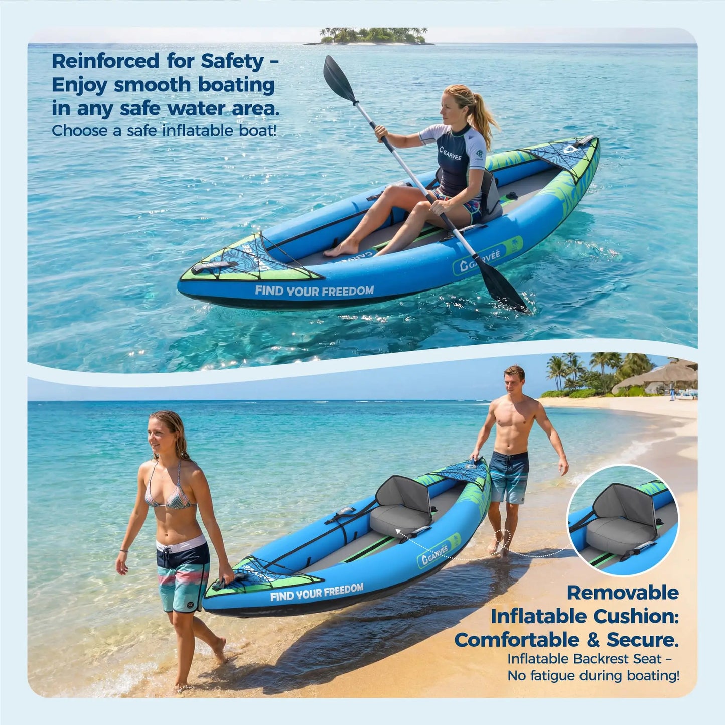 Inflatable 1/2-Person Fishing Kayak for Adults – Durable PVC Collapsible & Portable - with Padded Seats/Removable Fins/Hand Pump/Carry Bag & Repair Kit for Lake River Recreation Touring