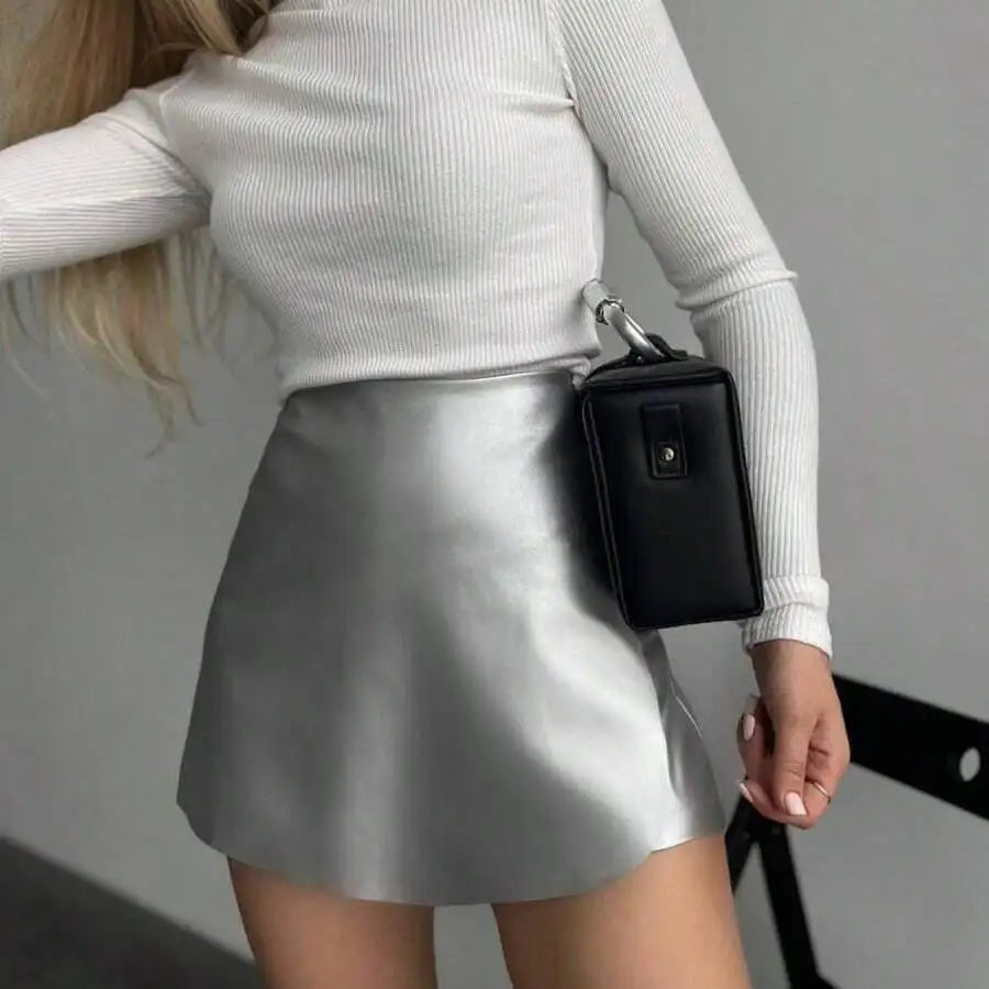 High-Waist PU Leather Skort With Built-In Shorts