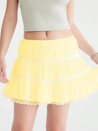 Women Lace Trim Pleated Ruffle Flowy Club Skort