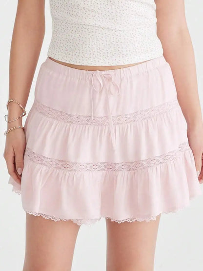 Women Lace Trim Pleated Ruffle Flowy Club Skort