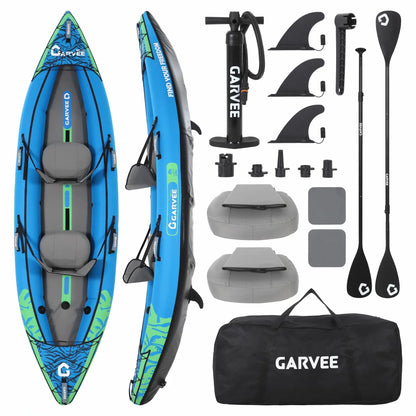 Inflatable 1/2-Person Fishing Kayak for Adults – Durable PVC Collapsible & Portable - with Padded Seats/Removable Fins/Hand Pump/Carry Bag & Repair Kit for Lake River Recreation Touring