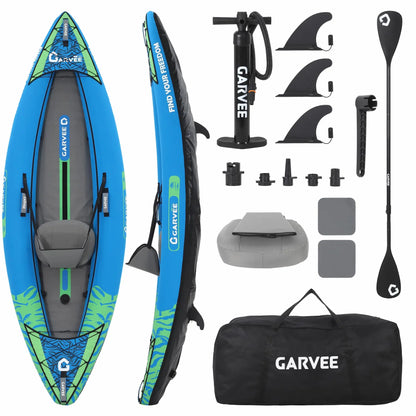 Inflatable 1/2-Person Fishing Kayak for Adults – Durable PVC Collapsible & Portable - with Padded Seats/Removable Fins/Hand Pump/Carry Bag & Repair Kit for Lake River Recreation Touring