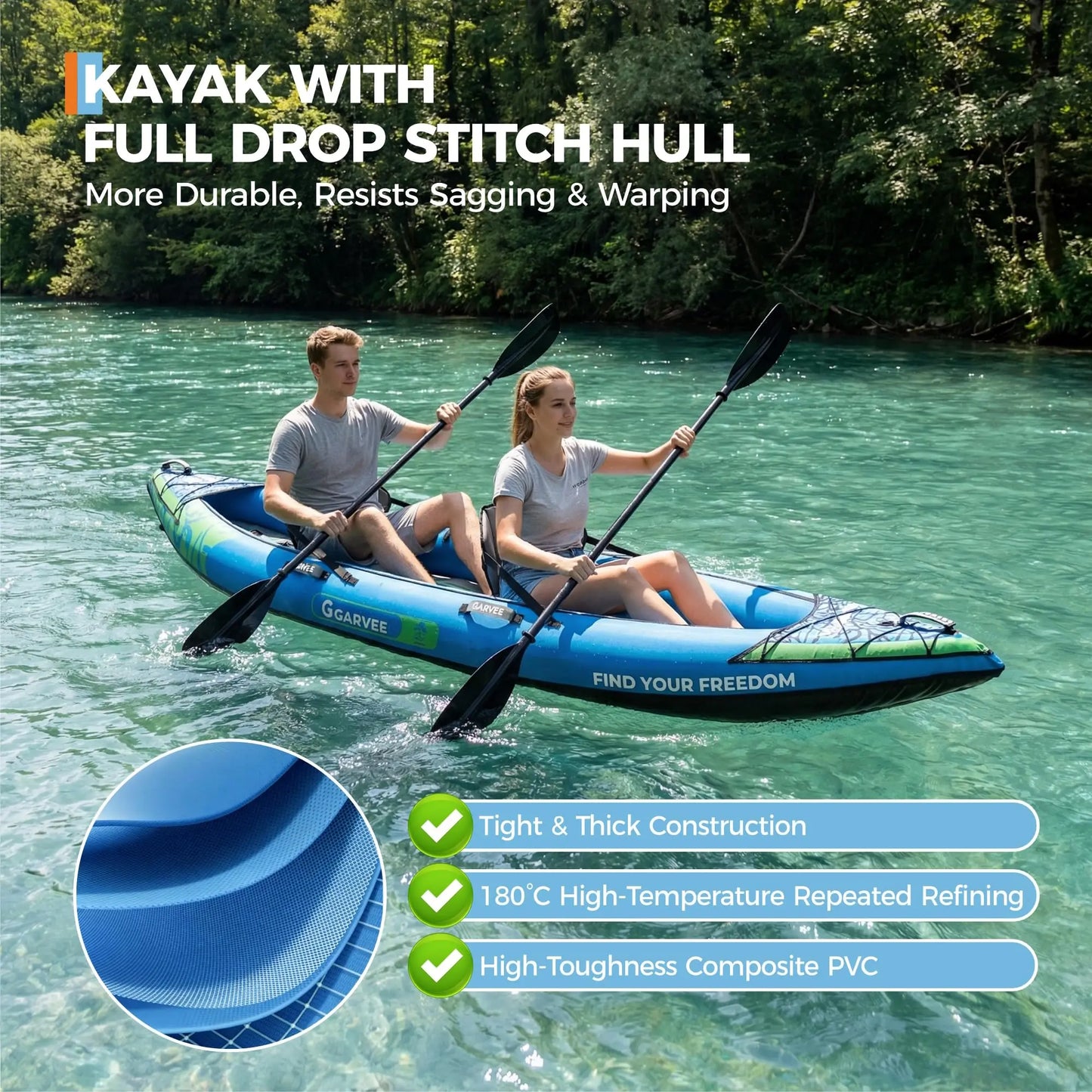 Inflatable 1/2-Person Fishing Kayak for Adults – Durable PVC Collapsible & Portable - with Padded Seats/Removable Fins/Hand Pump/Carry Bag & Repair Kit for Lake River Recreation Touring