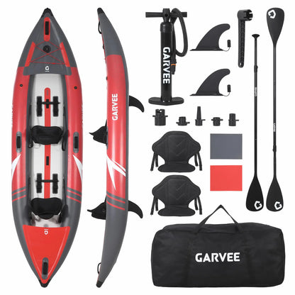 Inflatable 1/2-Person Fishing Kayak for Adults – Durable PVC Collapsible & Portable - with Padded Seats/Removable Fins/Hand Pump/Carry Bag & Repair Kit for Lake River Recreation Touring