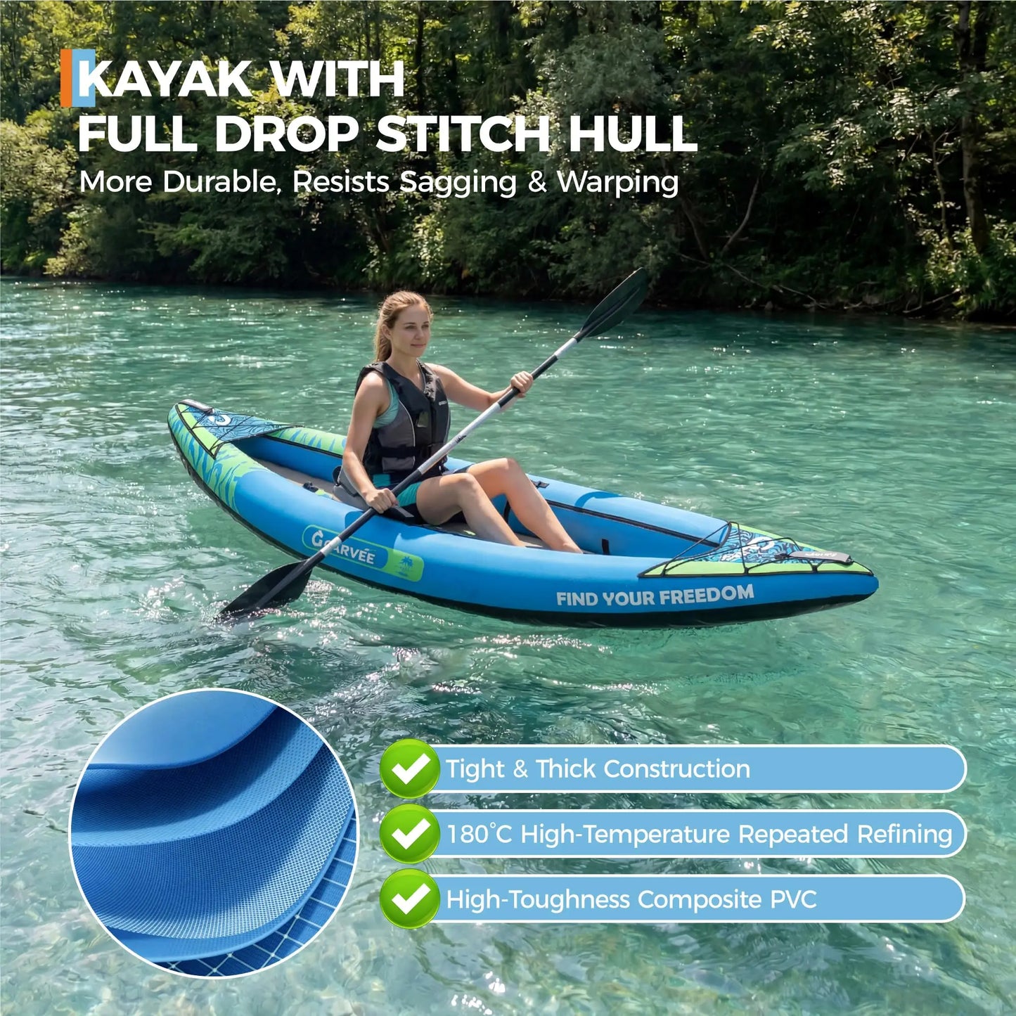 Inflatable 1/2-Person Fishing Kayak for Adults – Durable PVC Collapsible & Portable - with Padded Seats/Removable Fins/Hand Pump/Carry Bag & Repair Kit for Lake River Recreation Touring