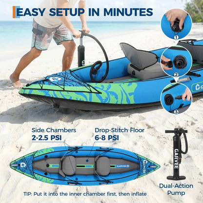 Inflatable 1/2-Person Fishing Kayak for Adults – Durable PVC Collapsible & Portable - with Padded Seats/Removable Fins/Hand Pump/Carry Bag & Repair Kit for Lake River Recreation Touring