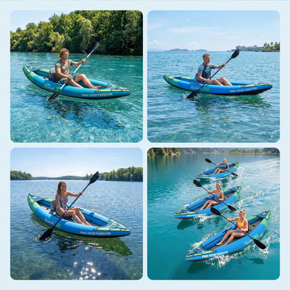 Inflatable 1/2-Person Fishing Kayak for Adults – Durable PVC Collapsible & Portable - with Padded Seats/Removable Fins/Hand Pump/Carry Bag & Repair Kit for Lake River Recreation Touring