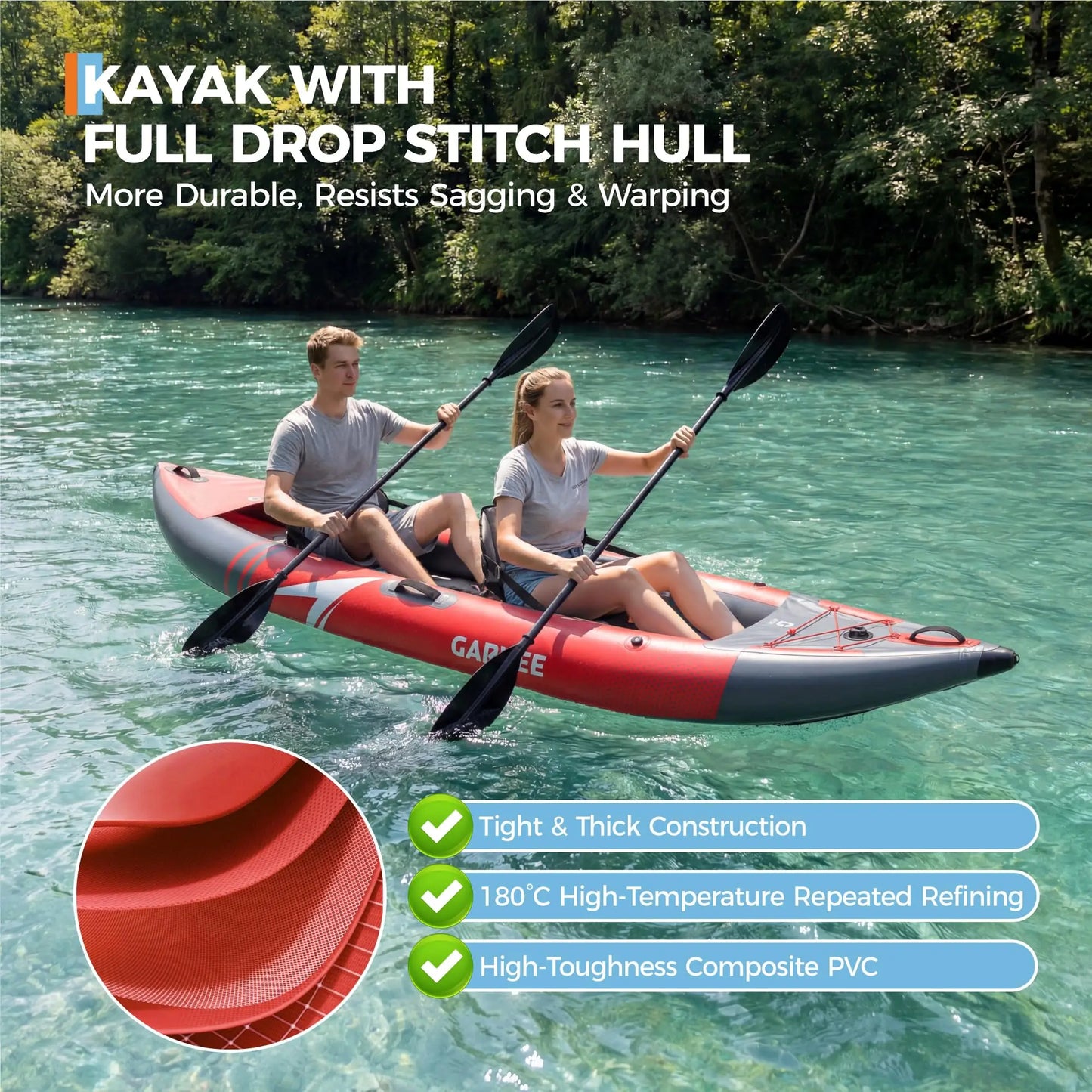 Inflatable 1/2-Person Fishing Kayak for Adults – Durable PVC Collapsible & Portable - with Padded Seats/Removable Fins/Hand Pump/Carry Bag & Repair Kit for Lake River Recreation Touring