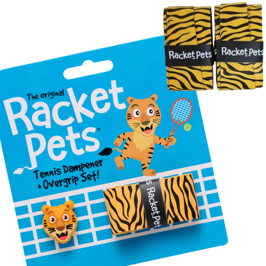 VALUE PACK - A Yellow Tiger Racket Pet Tennis Dampener and Overgrip Tape with a (Pack of 2) Replacement Overgrip Tape