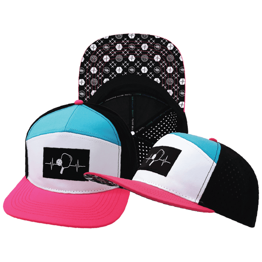 Pickleball Hat - Flat Bill - Neon Pink / White / Neon Blue Green / Black - Laser Mesh